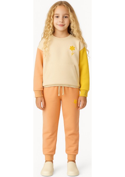 Kız Çocuk Çiçek Baskılı Renk Bloklu Sweatshirt ve Eşofman Takımı – Rahat Pamuklu 2’li Set