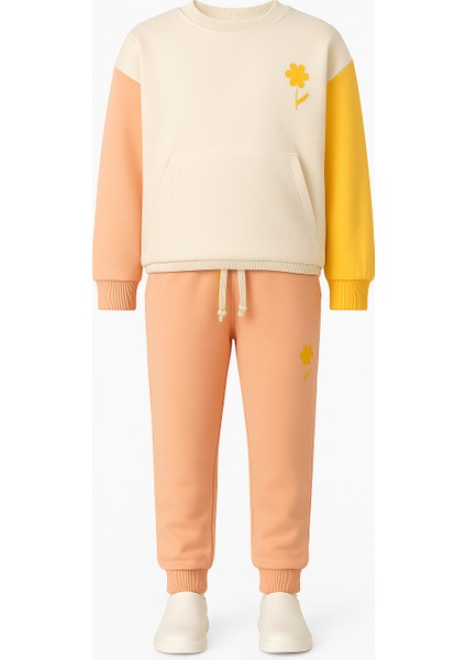 Kız Çocuk Çiçek Baskılı Renk Bloklu Sweatshirt ve Eşofman Takımı – Rahat Pamuklu 2’li Set modelleri