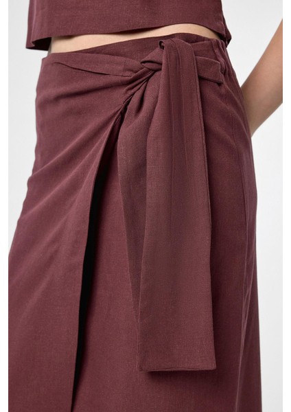 Bordo Keten Karışımlı Kuşaklı Kadın Etek modelleri