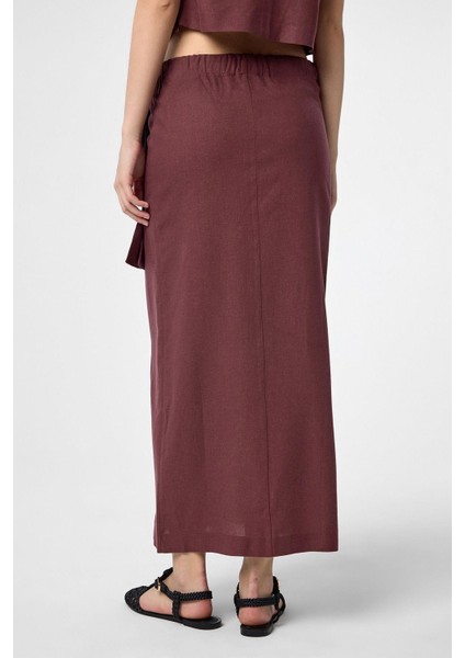 Bordo Keten Karışımlı Kuşaklı Kadın Etek fırsatları