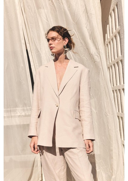 Bej 100% Keten Kadın Blazer Ceket