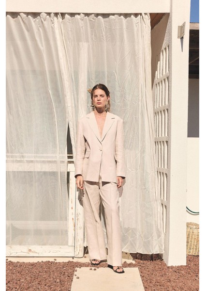 Bej 100% Keten Kadın Blazer Ceket