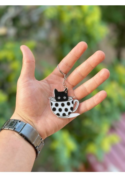 ORJIN3D Kahve Fincanı Kedi Figürlü Anahtarlık