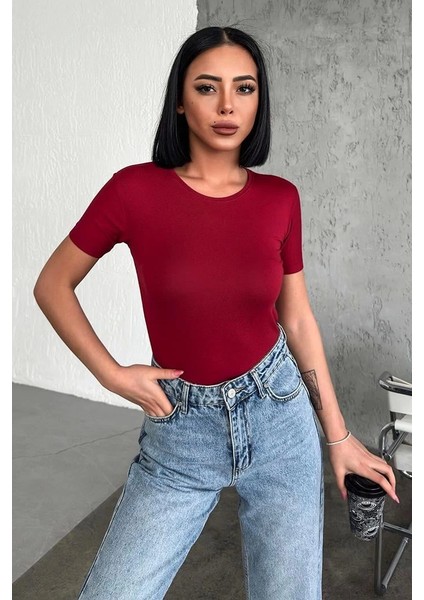 Rahat ve Şık Kısa Kollu Bisiklet Yaka Likralı Viskon Penye Body Bordo ( Lisinya )