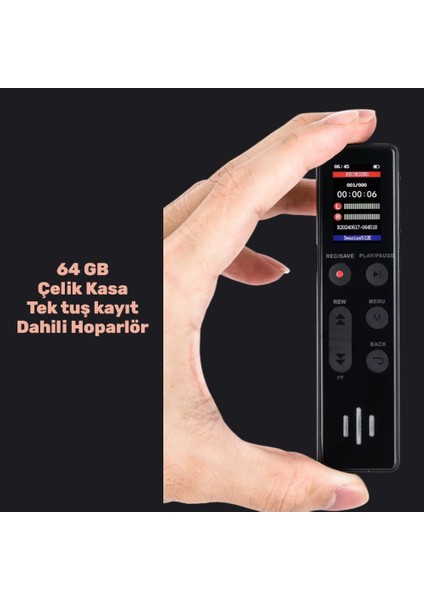 Siyah 64GB Dijital Ekranlı Ses Kayıt Cihazı Ekrandan Kayıtlarınızı Seçip Dinleme Kayıt Li-Ion Dayanıklı Batarya
