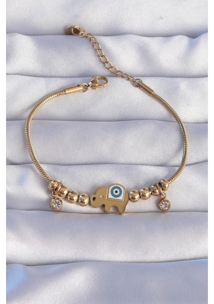 316L Çelik Gold Renk Zirkon Taşlı Nazarlı Fil Tasarımlı Bileklik - Lisinya