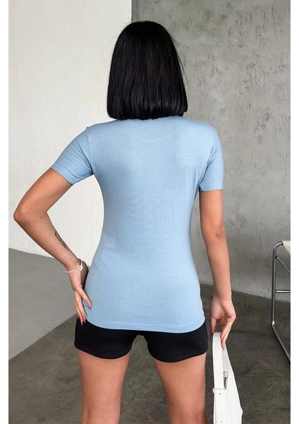 Rahat ve Şık Kısa Kollu Bisiklet Yaka Likralı Viskon Penye Body Bebe Mavisi ( Lisinya ) modelleri