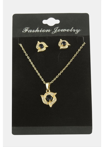 Msa-Shop Çiçek Zirkon Taşlı Set Kolye-Siyah