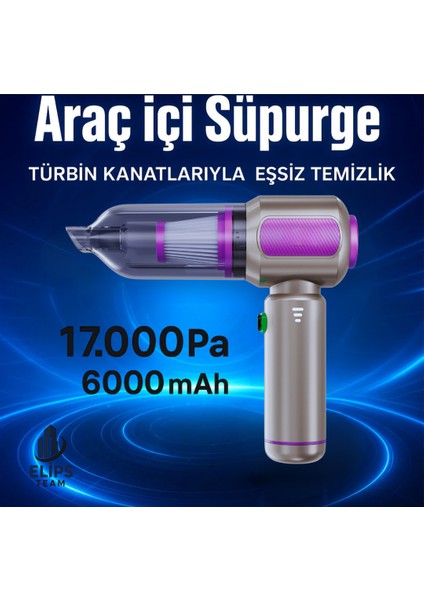 Şarjlı Kablosuz Araç Içi Süpürge | 17000PA Güçlü Vakum | Fırçasız Motor | Üfleme & Vakum