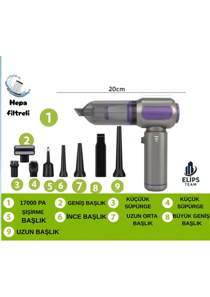 Şarjlı Kablosuz Araç Içi Süpürge | 17000PA Güçlü Vakum | Fırçasız Motor | Üfleme & Vakum