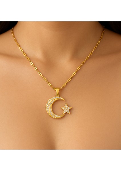 Vatan Ay Yıldız Gümüş Üzerine Altın Kaplama Kolye Bayrak Kolye