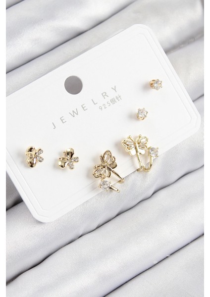 Bfs Pirinç Zirkon Taşlı Kelebek Model Gold Renk 925 Ayar Gümüş Çivi Kadın Küpe Set