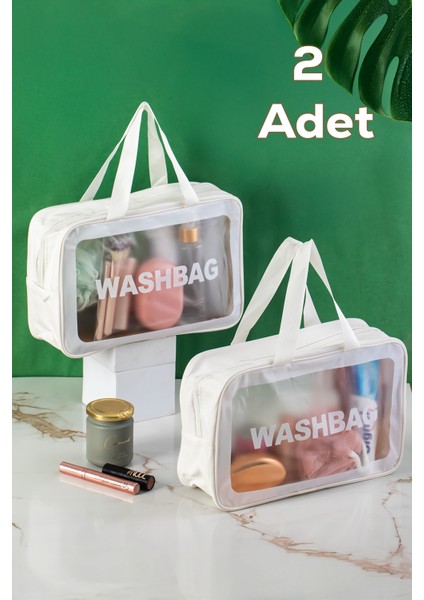 2'li Şeffaf Beyaz Seyahat ve Makyaj Çantası, Su Geçirmez Organizer 20X30CM