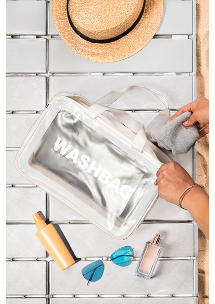 2'li Şeffaf Beyaz Seyahat ve Makyaj Çantası, Su Geçirmez Organizer 20X30CM modelleri