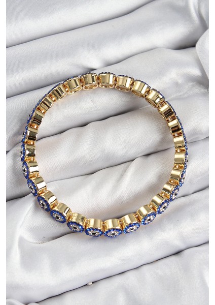 Bfs Pirinç Zirkon Taşlı Lacivert Nazar Model Gold Renk Lastikli Kadın Bileklik fiyatları