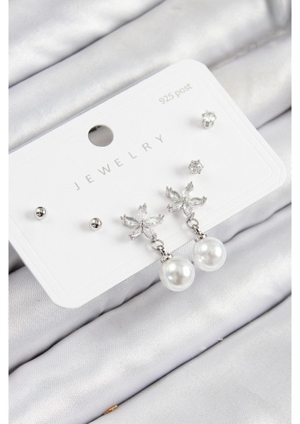 Bfs Pirinç Zirkon Taşlı Inci Sallantılı Çiçek Model Gümüş Renk 925 Ayar Gümüş Çivi Kadın Küpe Set
