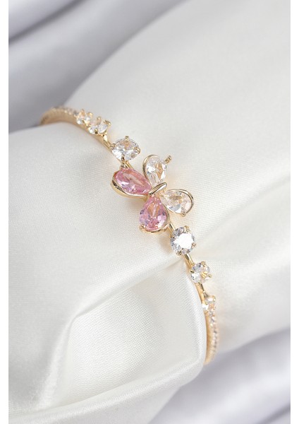 Pirinç Zirkon Taşlı Kelebek Model Gold Renk Kadın Bileklik - Lisinya