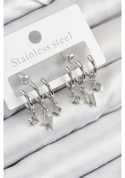 Pirinç Zirkon Taşlı Şimşek Model Gümüş Renk Kadın Küpe - Lisinya