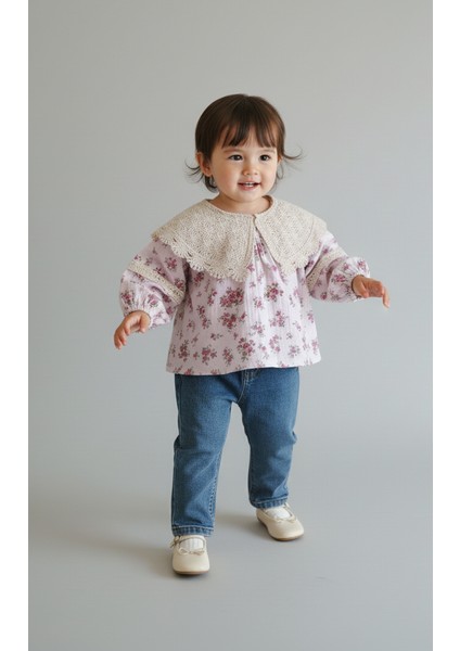 Şık Pembe Fırfırlı Sweat ve Kot Pantolonlu 2'li Takım Kız Bebek