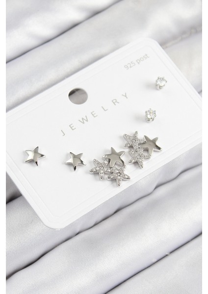 Pirinç Zirkon Taşlı Yıldız Model Gümüş Renk 925 Ayar Gümüş Çivi Kadın Küpe Set - Lisinya