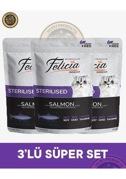 Pouch Kısırlaştırılmış Somonlu Yaş Kedi Maması 3X85GR