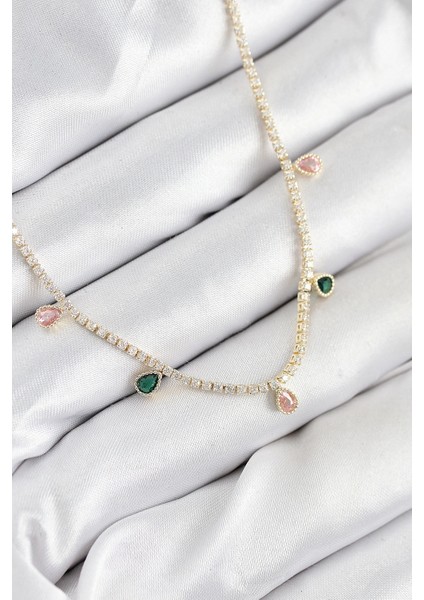 Bfs Pirinç Zirkon Taşlı Su Yolu Damla Model Gold Renk Kadın Kolye