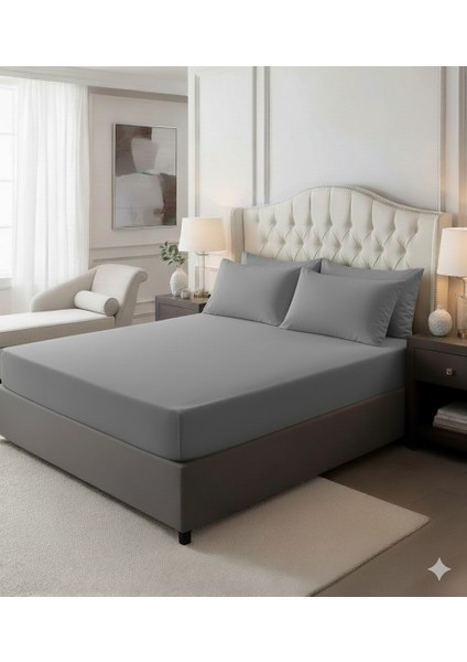 Çift Kişilik Battal Lastikli Çarşaf 2 Adet Yastık Kılıfı Seti- Gri (180 x 200 cm 30 cm )