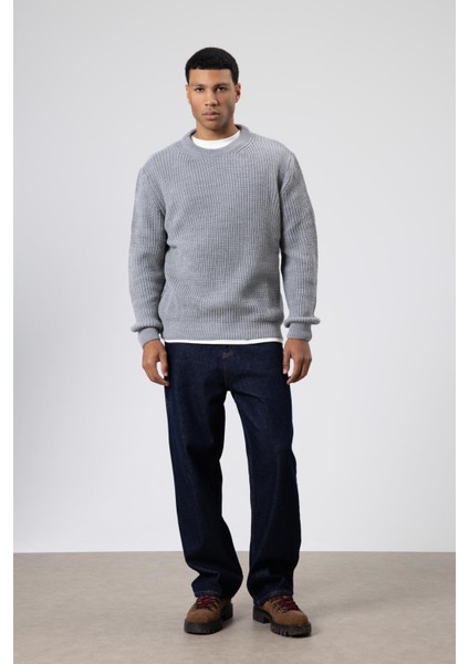 Bisiklet Yaka Oversize Triko Kazak Gri Melanj