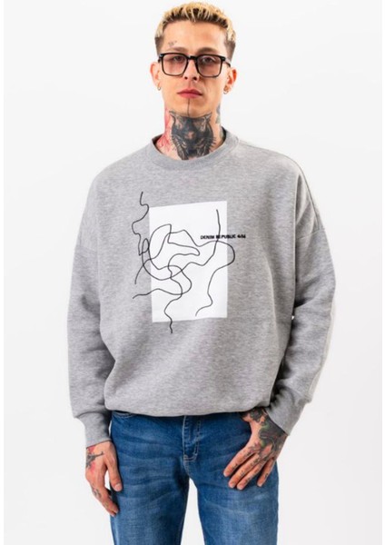 Erkek Oversize Gri Sweatshirt Pamuklu Baskı Detaylı