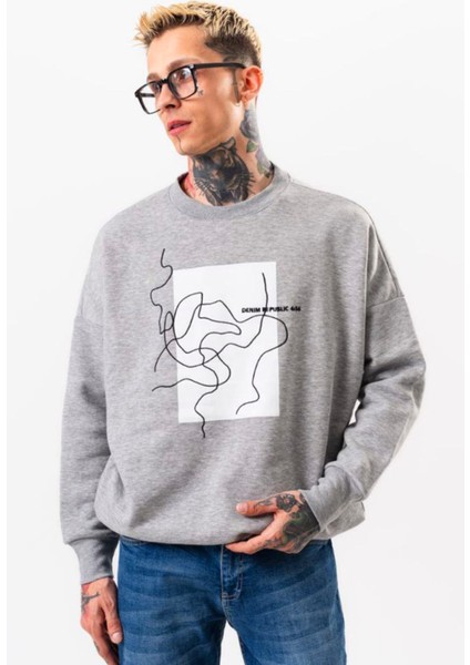 Erkek Oversize Gri Sweatshirt Pamuklu Baskı Detaylı fiyatları