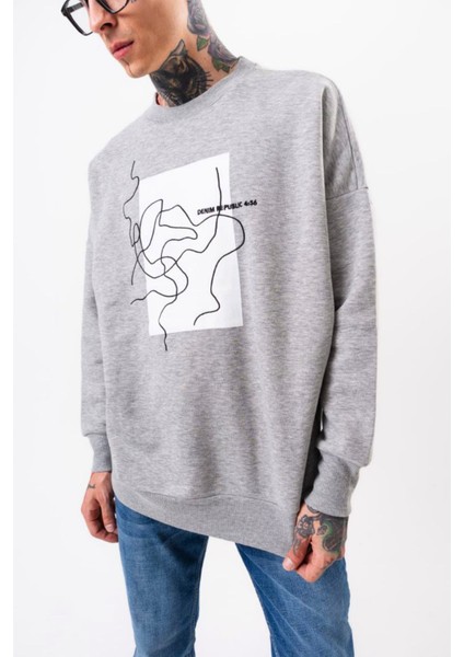Erkek Oversize Gri Sweatshirt Pamuklu Baskı Detaylı modelleri