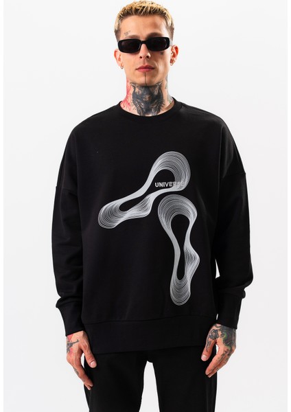 Erkek Siyah Oversize Sweatshirt Pamuklu Baskı Detaylı