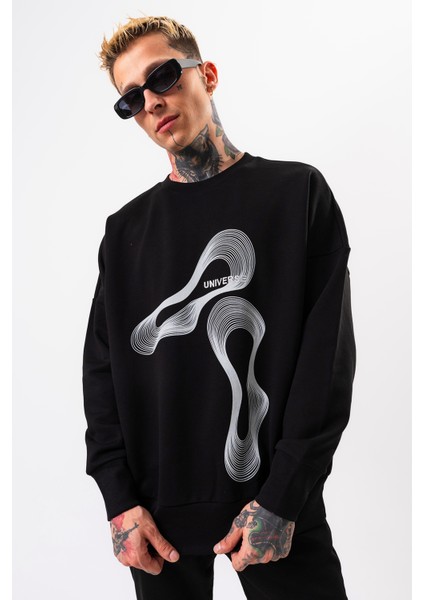 Erkek Siyah Oversize Sweatshirt Pamuklu Baskı Detaylı fiyatları
