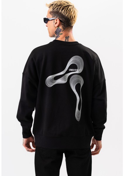 Erkek Siyah Oversize Sweatshirt Pamuklu Baskı Detaylı fırsatları