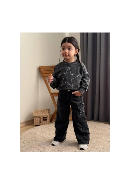 Taş Yıkamalı Kız Yıldız Takım - Sweatshirt-Jean Pantalon
