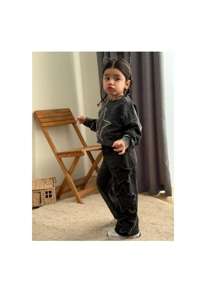 Taş Yıkamalı Kız Yıldız Takım - Sweatshirt-Jean Pantalon fiyatları