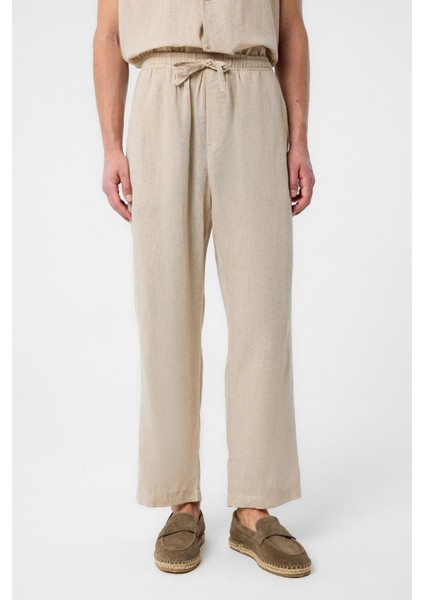 Bej Keten Karışımlı Jogger Erkek Pantolon