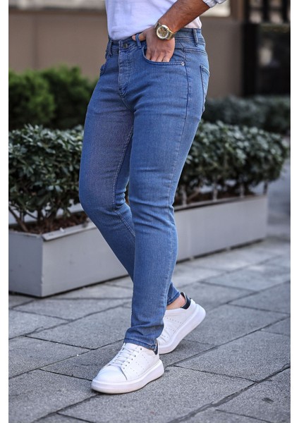 Erkek Slim Fit Yüksek Bel Dar Paça Lacivert Kot Pantolon