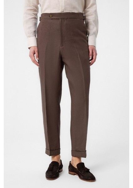 Açık Kahve 100% Keten Italyan Kesim Erkek Pantolon