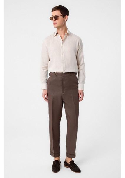 Açık Kahve 100% Keten Italyan Kesim Erkek Pantolon fiyatları