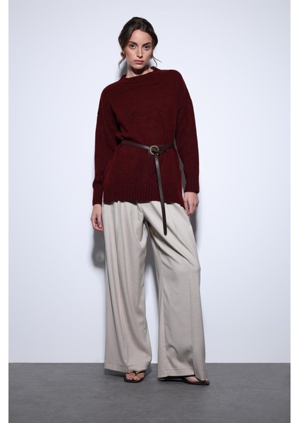 Bordo Yırtmaç Detaylı Kadın Kazak