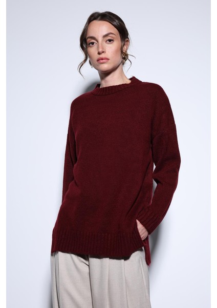 Bordo Yırtmaç Detaylı Kadın Kazak modelleri