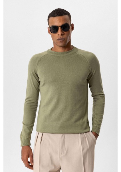 Haki Bisiklet Yaka Slim Fit Triko Kazak