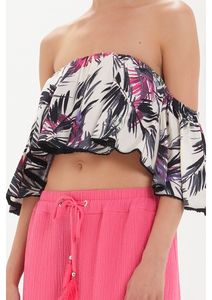 Desenli Lastikli Düşük Omuz Bluz 19703