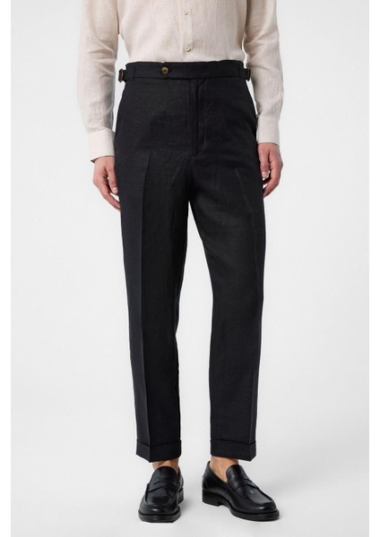 Siyah 100% Keten Italyan Kesim Erkek Pantolon