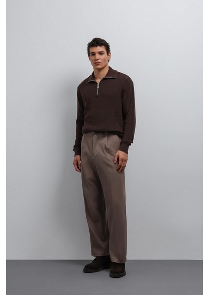 Kahve Fermuarlı Triko Erkek Kazak