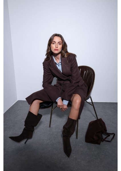 Kahve Kemerli Kruvaze Kadın Kaban