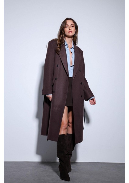 Kahve Kemerli Kruvaze Kadın Kaban indirimleri