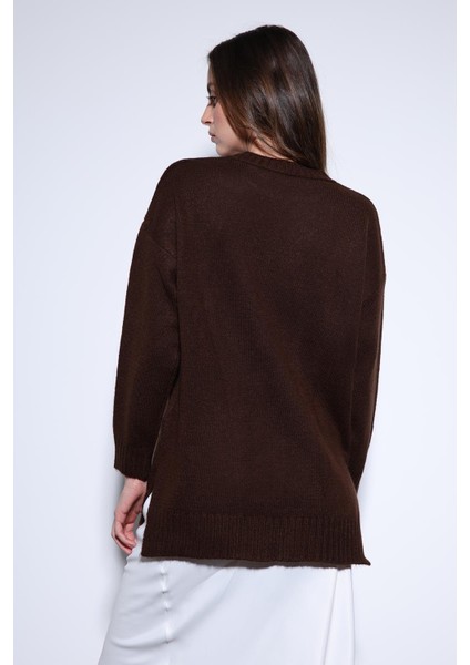 Kahve Yırtmaç Detaylı Kadın Kazak indirimleri