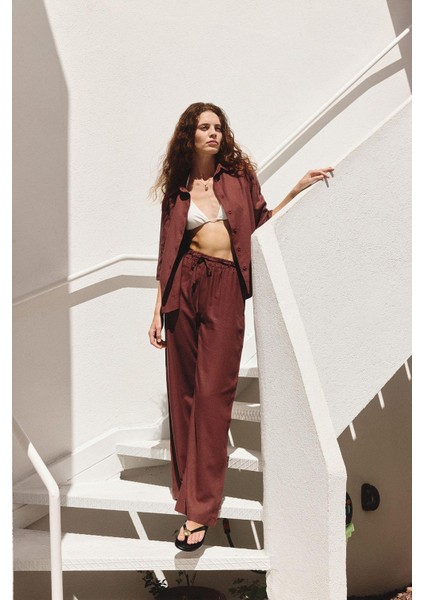 Bordo Keten Karışımlı Kadın Pantolon